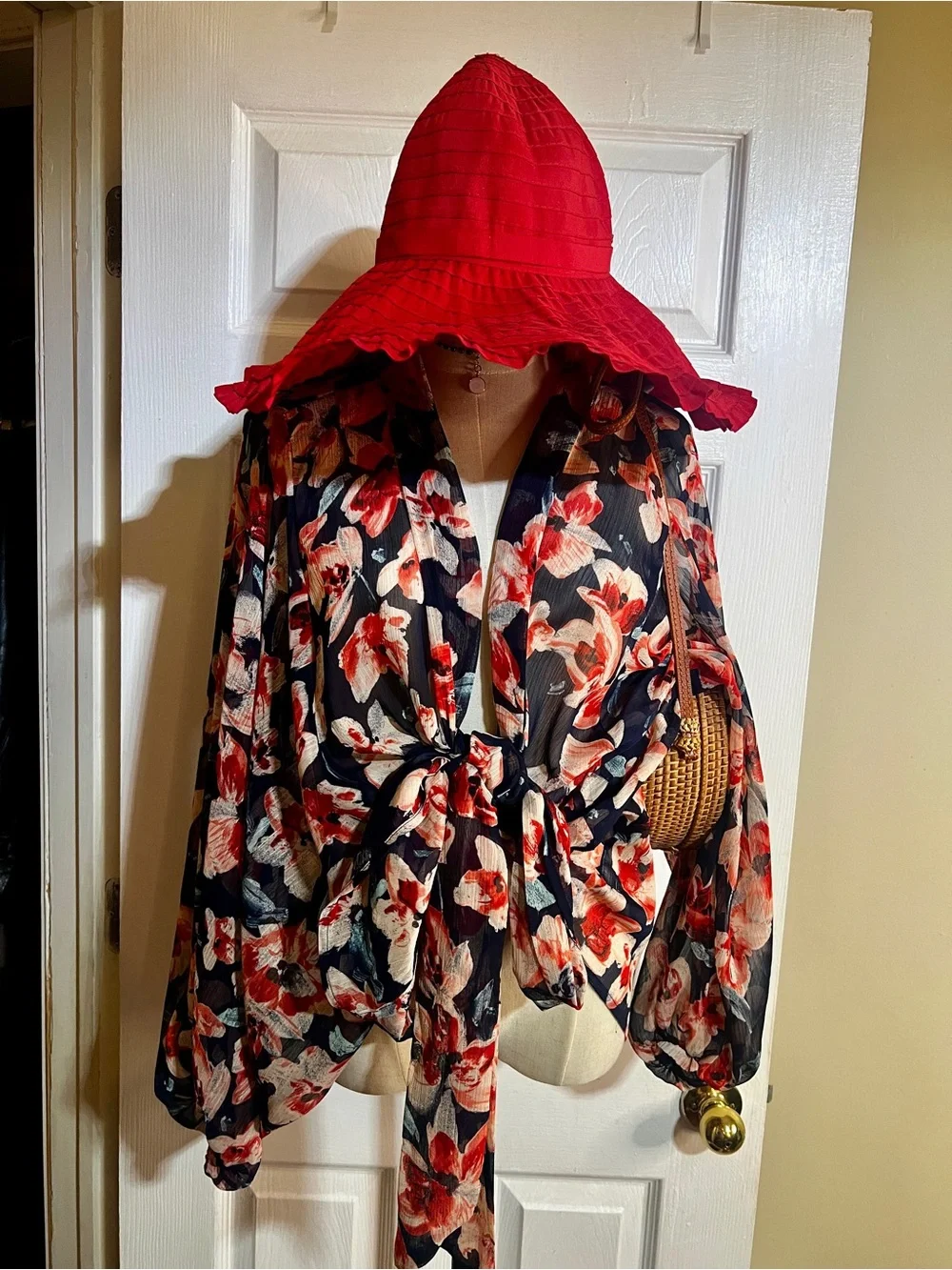 Vintage‎ 90s Papillion Wms Red Ruffle Boho Cottagecore Retro Glam Sun Hat